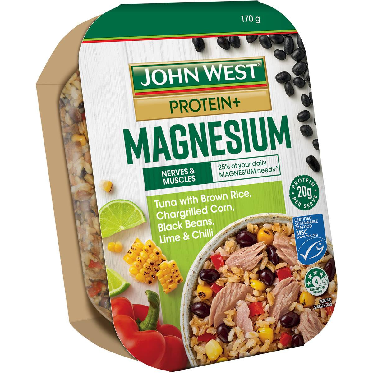 John West Tuna Protein + Magnesium with Brown Rice, Chargrilled Corn, Black Beans, Lime & Chilli 170g