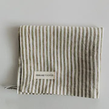 French Linen Tea Towel - Olive Pinstripe