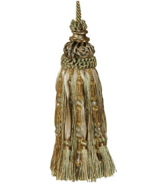 Tassel w/Beads & Ribbon Green/Gold - 17cm