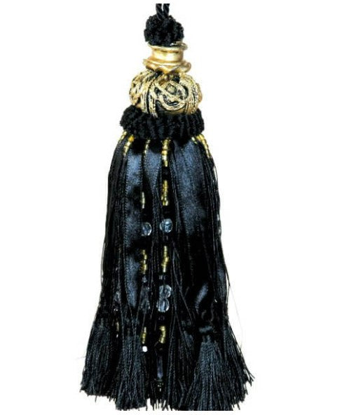 Tassel with Beads & Ribbon Black/Gold - 17cm