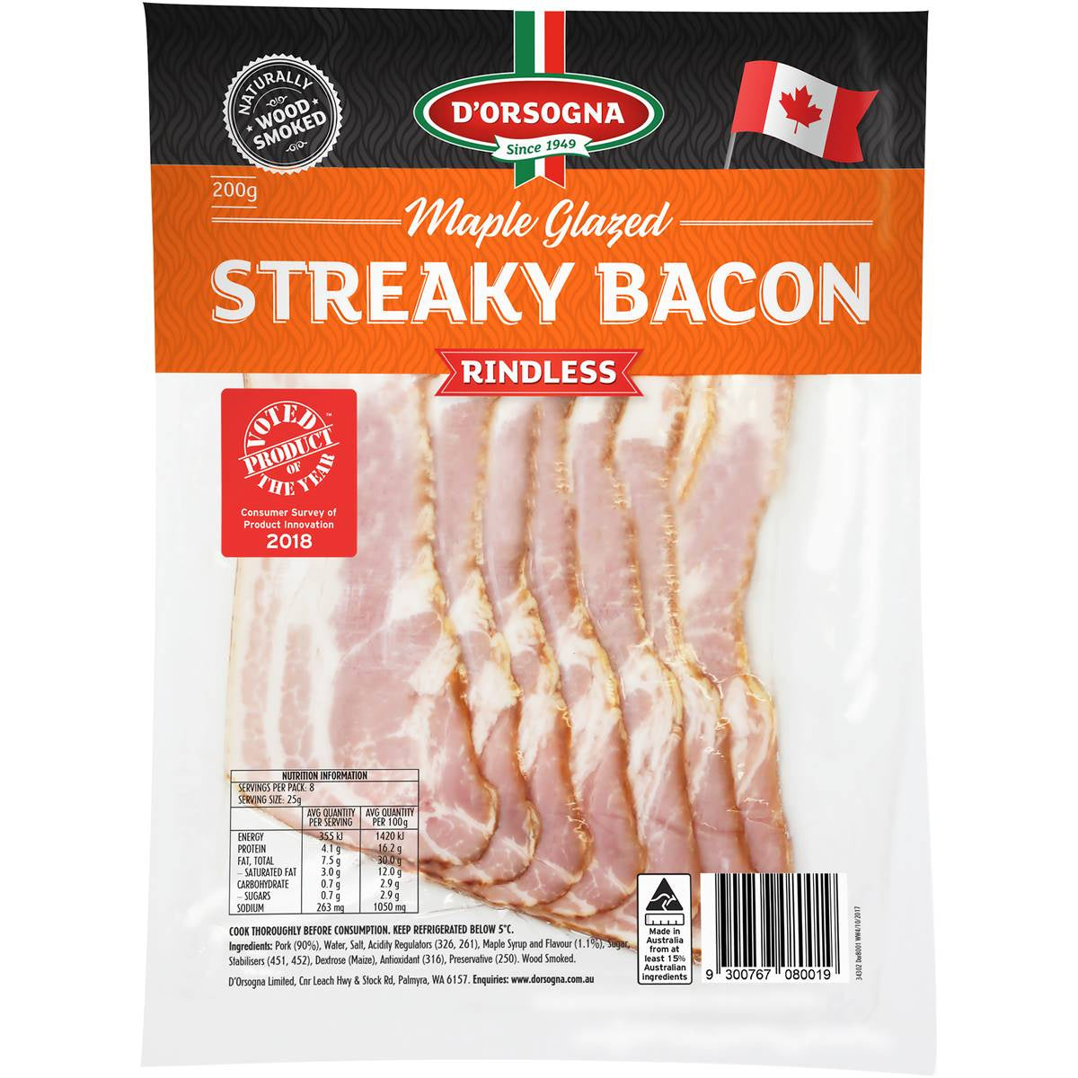 D'orsogna Maple Glazed Streaky Bacon 200g